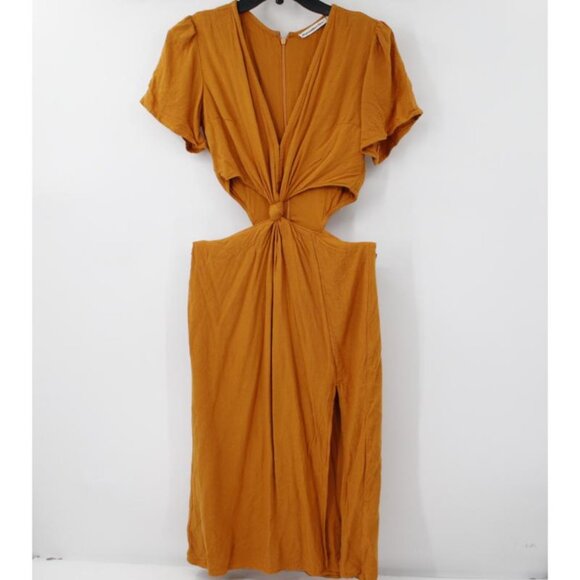 Abercrombie & Fitch Midi Dress Womens‎ Small mustard Knotted Front Cutout V Neck - Picture 1 of 14